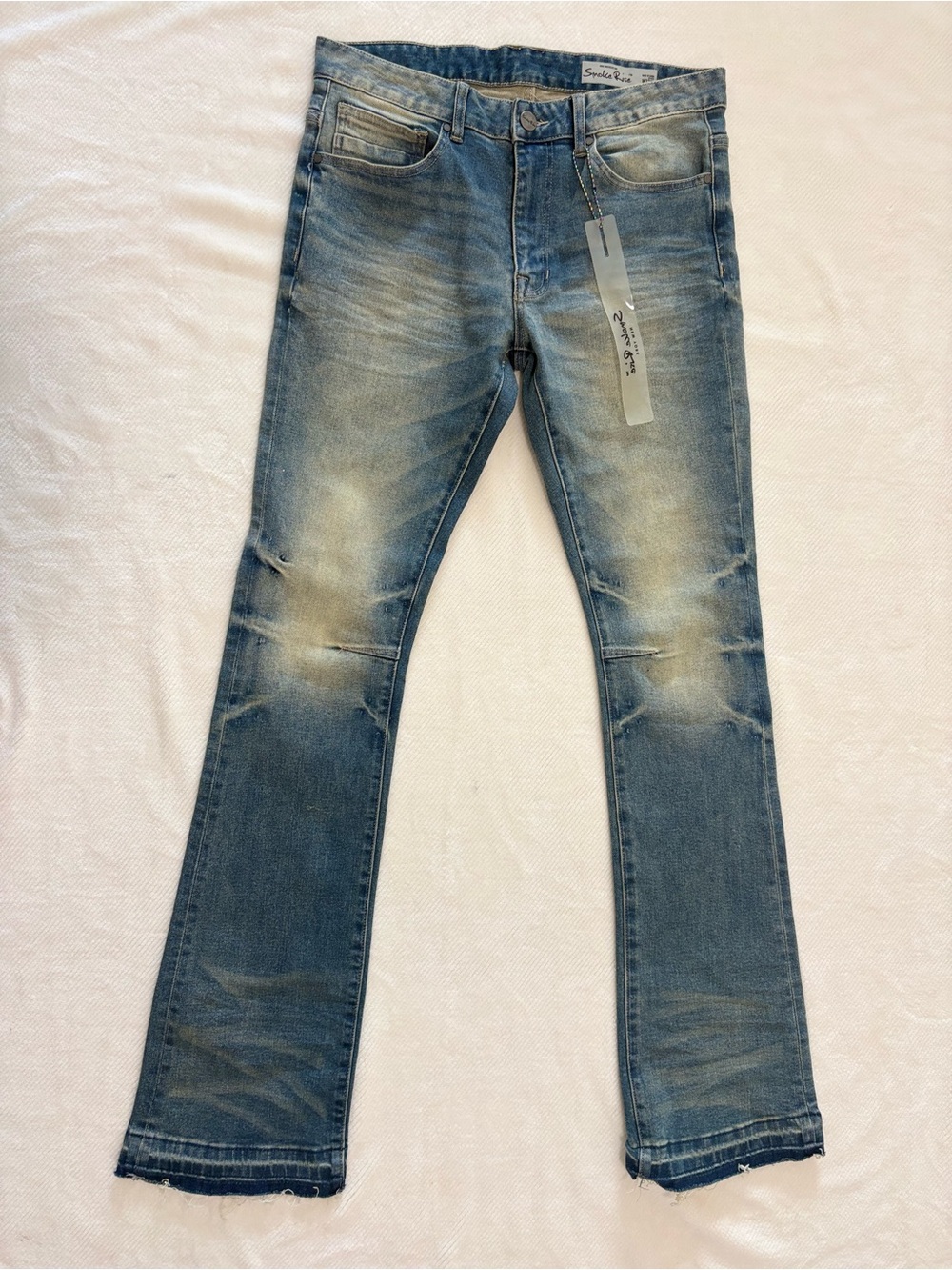 Smoke Rise Men Light Wash Blue Denim Stacked Flare Fit Jeans Cotton Blend NWT
